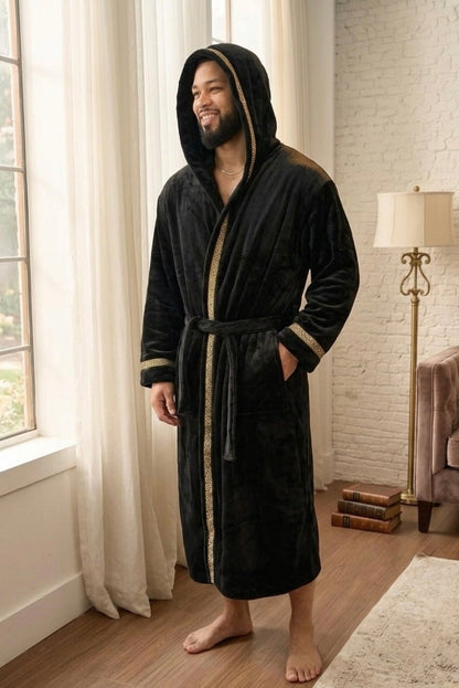 Men's Black Hooded Royalty Robe With Gold Greek Key Trim - Royalty Robes