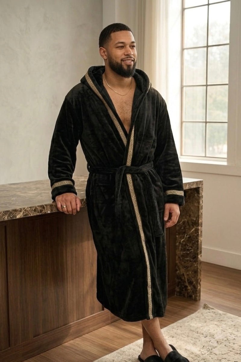Men's Black Hooded Royalty Robe With Gold Greek Key Trim - Royalty Robes