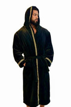 Men's Black Hooded Royalty Robe With Gold Greek Key Trim - Royalty Robes