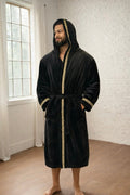 Men's Black Hooded Royalty Robe With Gold Greek Key Trim - Royalty Robes
