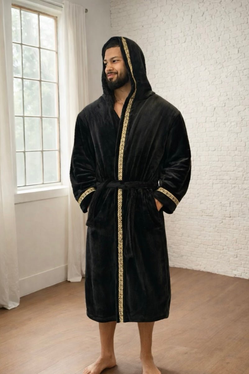 Men's Black Hooded Royalty Robe With Gold Greek Key Trim - Royalty Robes