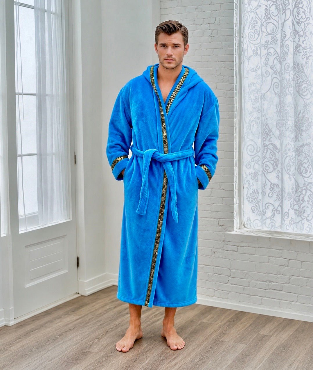 Men's Sky Blue Royalty Robe With Gold Greek Key Trim - Royalty Robes