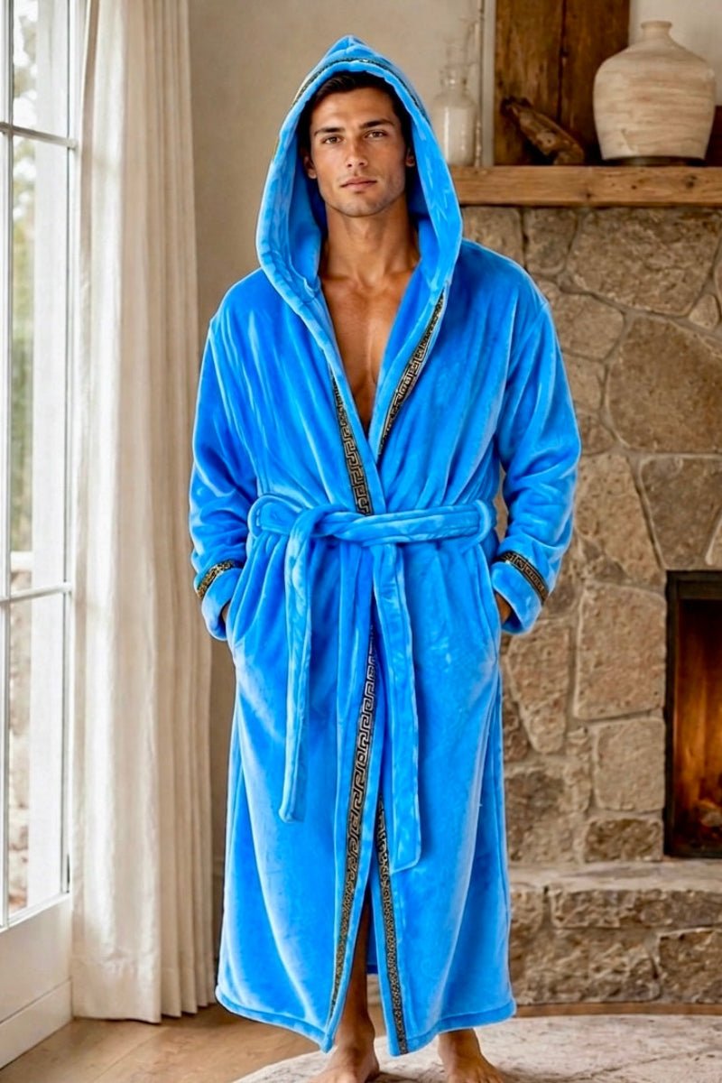 Men's Sky Blue Royalty Robe With Gold Greek Key Trim - Royalty Robes
