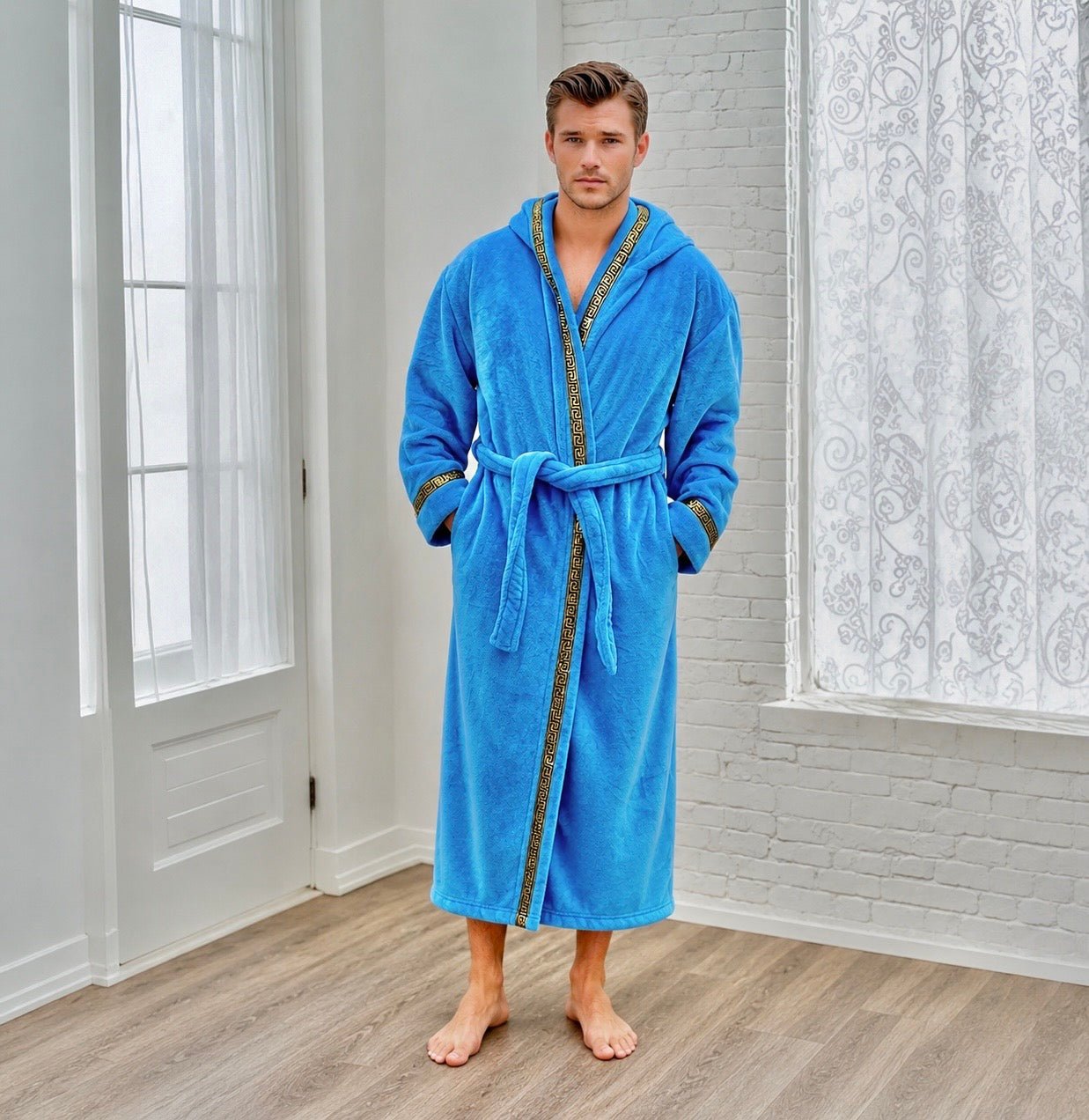 Men's Sky Blue Royalty Robe With Gold Greek Key Trim - Royalty Robes