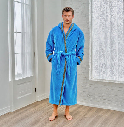 Men's Sky Blue Royalty Robe With Gold Greek Key Trim - Royalty Robes