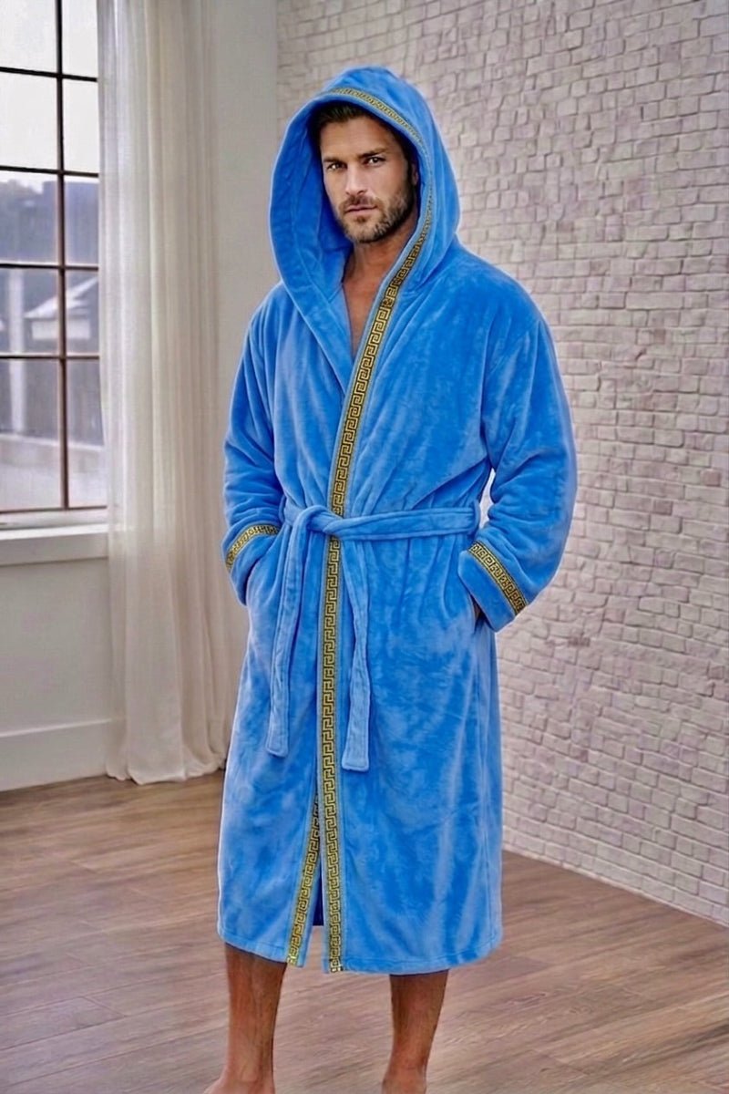 Men's Sky Blue Royalty Robe With Gold Greek Key Trim - Royalty Robes