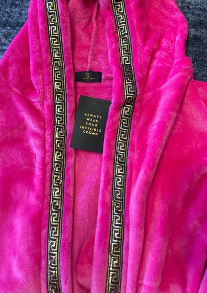 Pink Hooded Royalty Robe With Gold Greek Key Trim - Royalty Robes