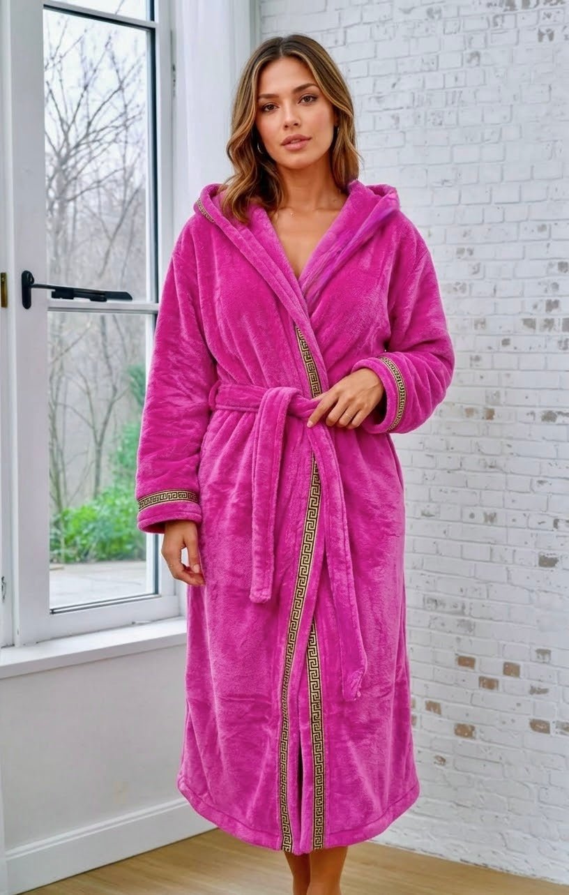 Pink Hooded Royalty Robe With Gold Greek Key Trim - Royalty Robes