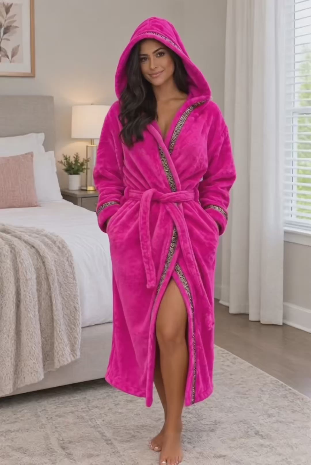 Pink Hooded Royalty Robe With Gold Greek Key Trim