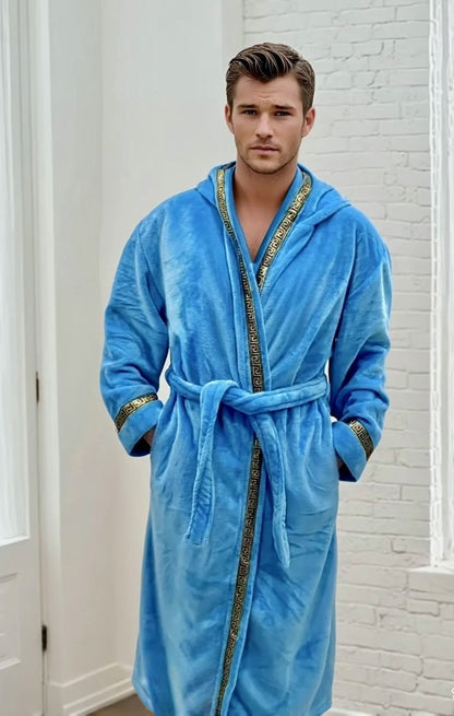 Men's Sky Blue Royalty Robe With Gold Greek Key Trim