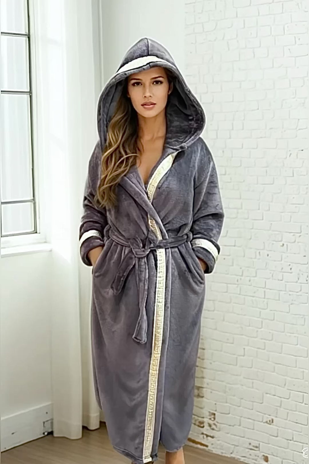 Grey Hooded Royalty Robe with Trim