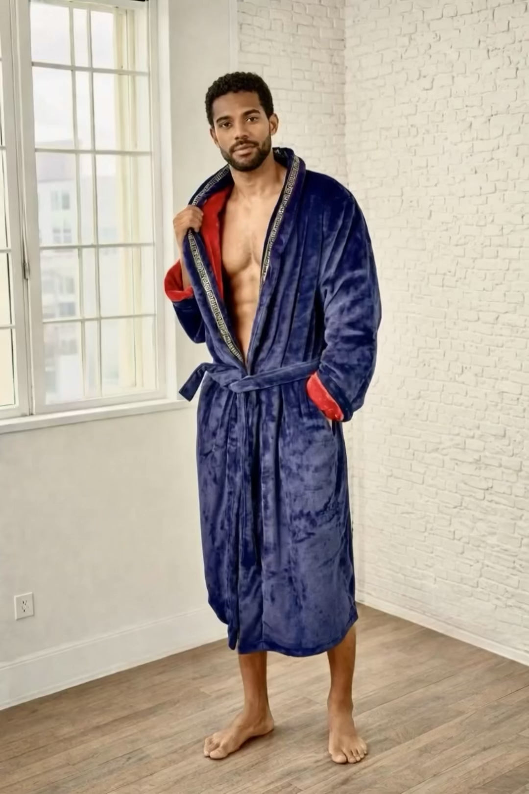 Limited Edition Blue Royal King Robe With Red Interior & Gold Greek Key Trim