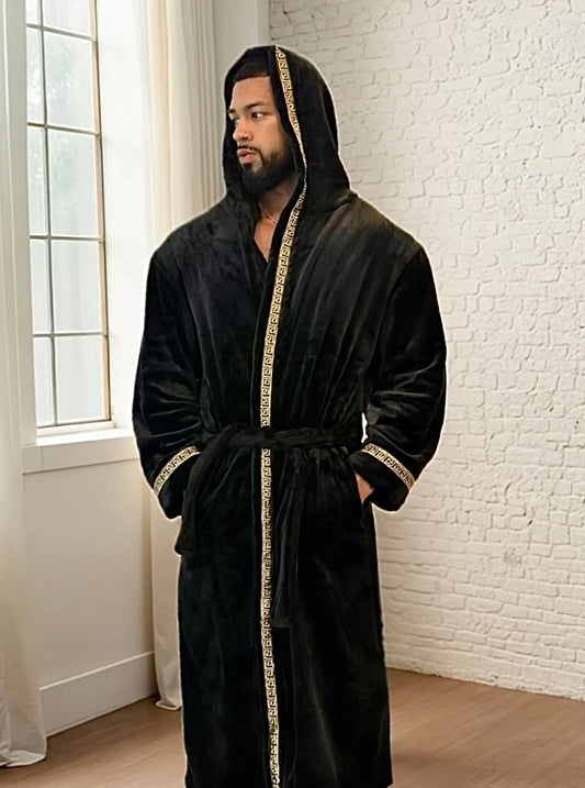 Men's Black Hooded Royalty Robe With Gold Greek Key Trim
