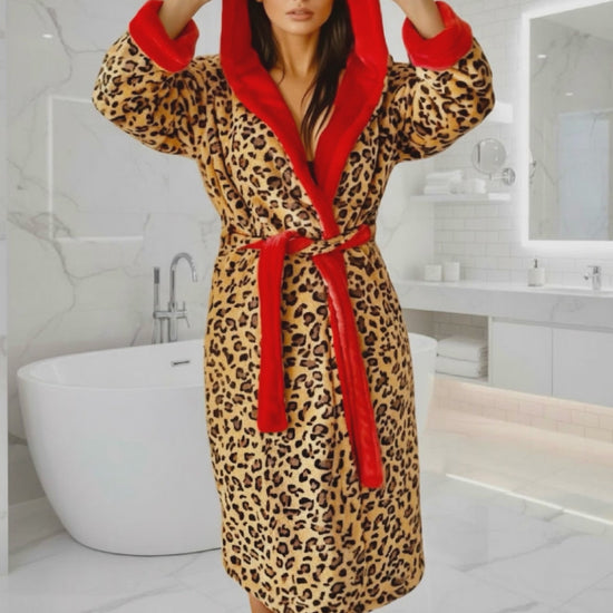 Royalty Robes leopard print hooded robe with red interior