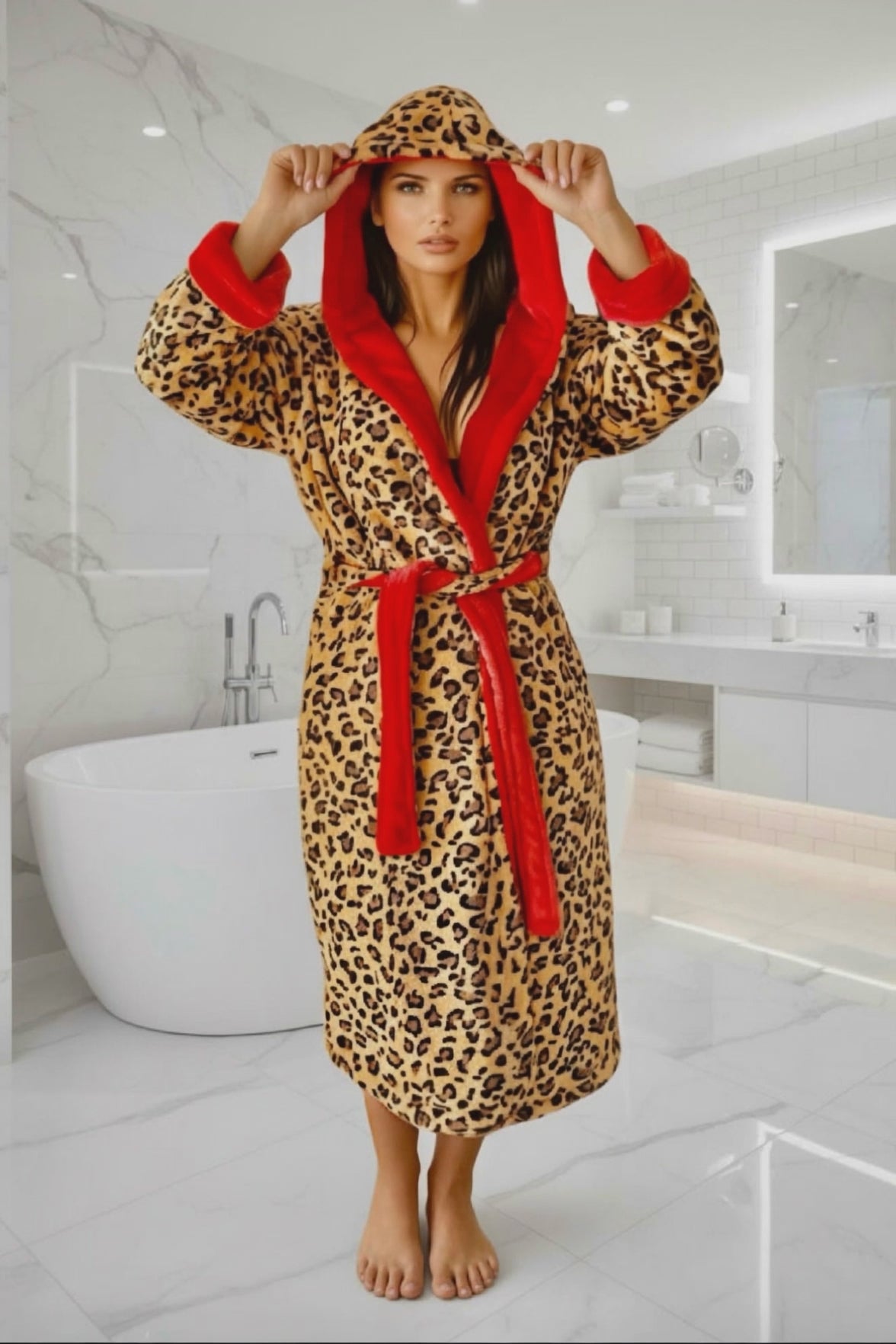 Royalty Robes leopard print hooded robe with red interior