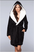 Women's Hooded Sherpa Lined Robe in Black - Royalty Robes