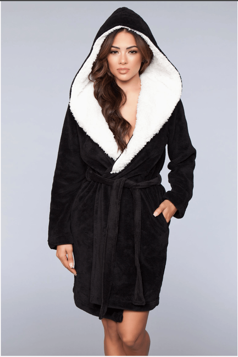 Women's Hooded Sherpa Lined Robe in Black - Royalty Robes
