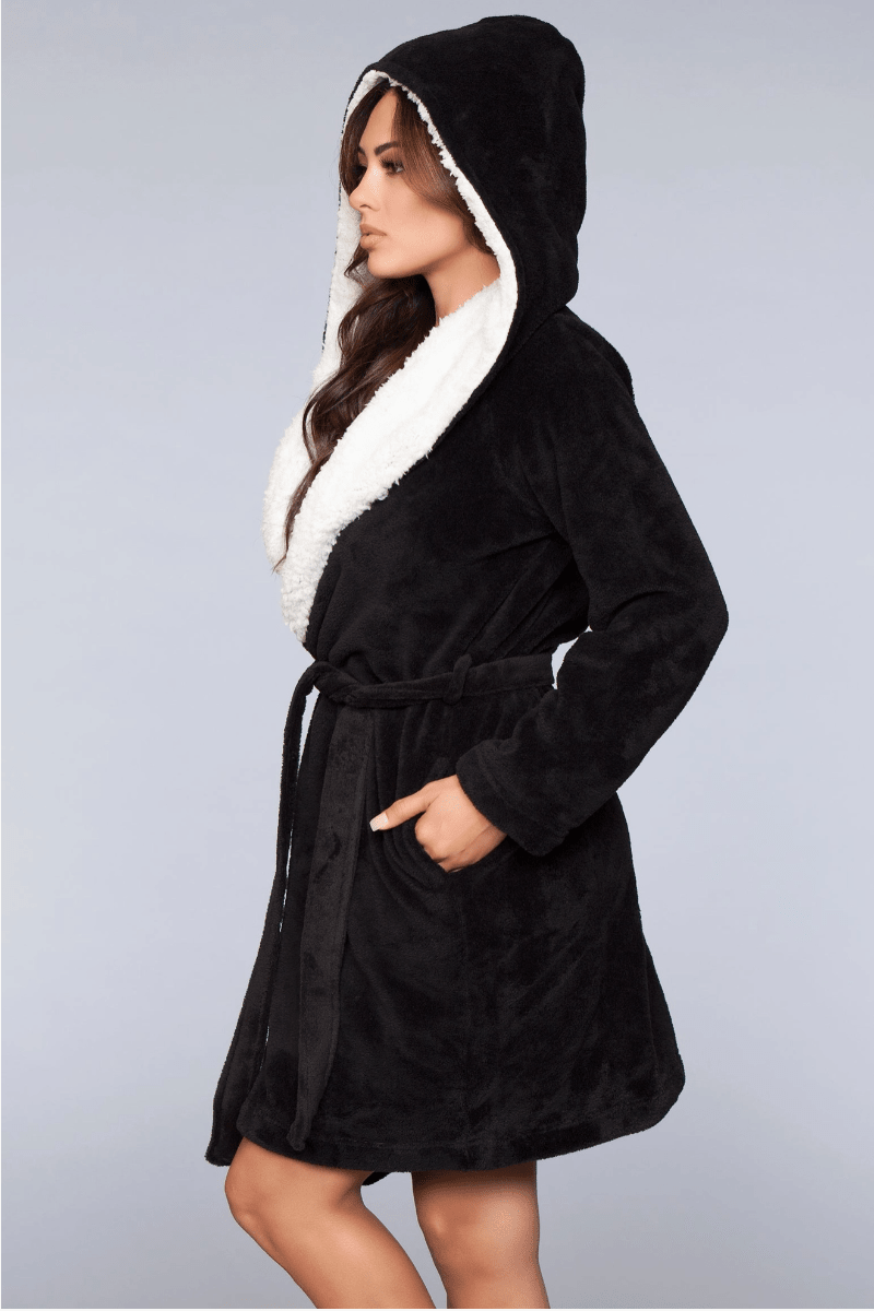 Women's Hooded Sherpa Lined Robe in Black - Royalty Robes
