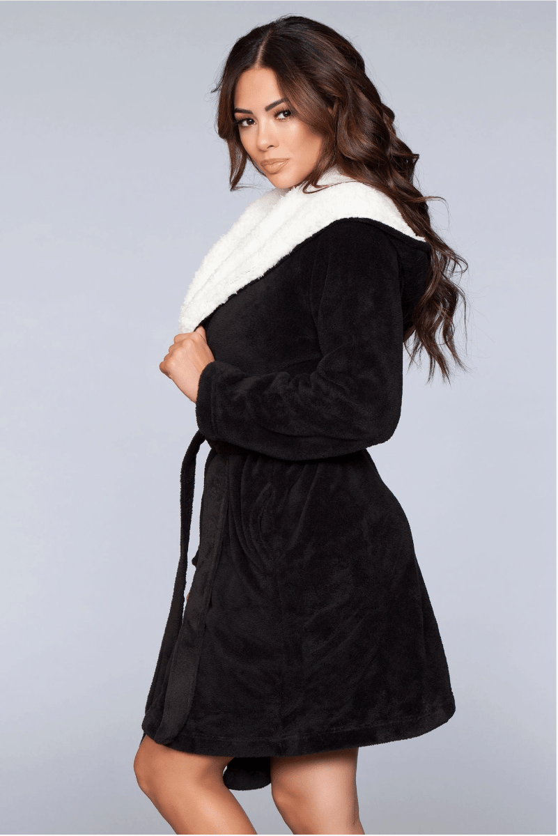 Women's Hooded Sherpa Lined Robe in Black - Royalty Robes