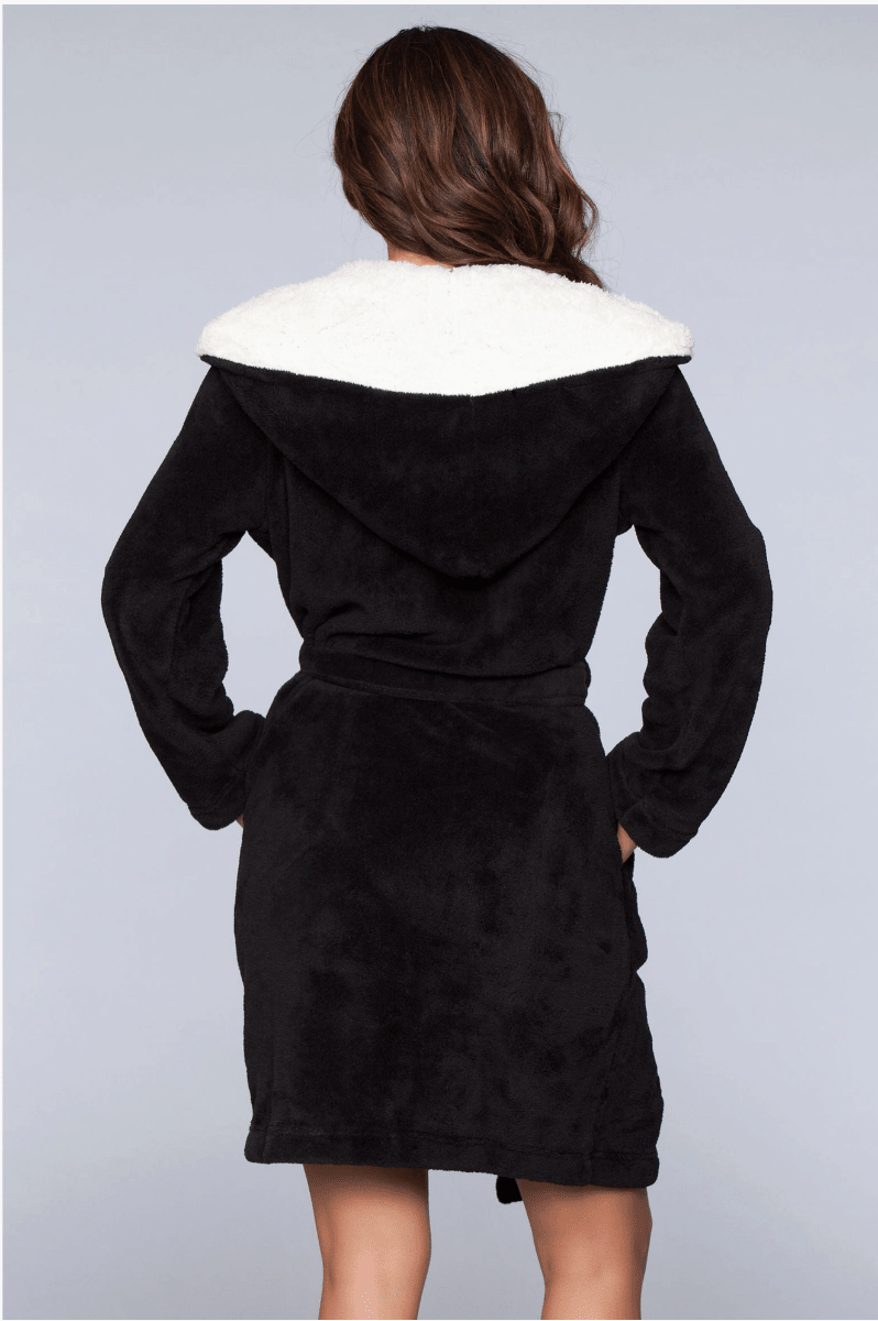 Women's Hooded Sherpa Lined Robe in Black - Royalty Robes
