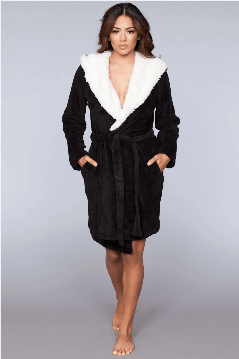 Women's Hooded Sherpa Lined Robe in Black - Royalty Robes