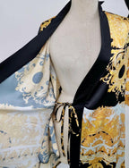 Inside ties of a black, yellow and white short kimono style Barocco print luxury robe by Royalty Robes