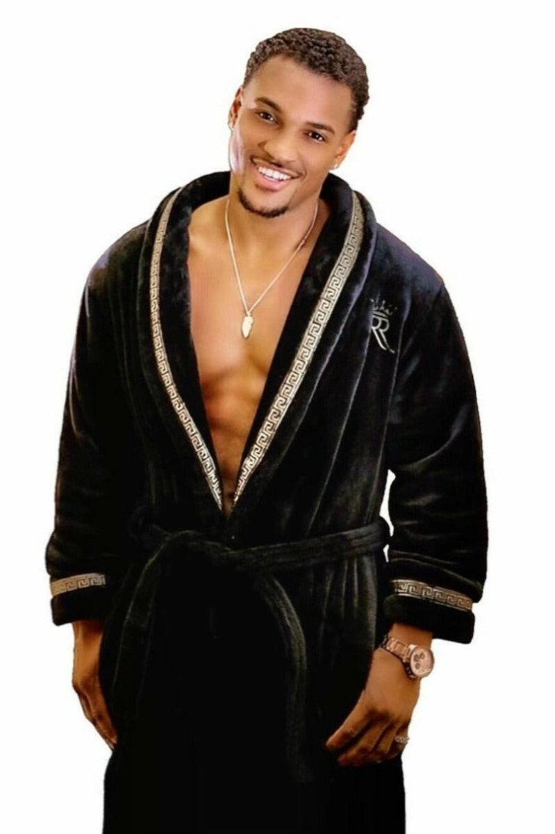Black Royalty Robe - Royalty Robes - male male model wearing a black bathrobe with gold Greek key trim and pockets. Soft fleece mens robe.
