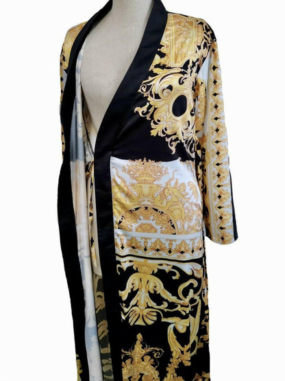 A yellow, black and white long and flowing duster style wrap dress robe housecoat with barocco print - luxury robe