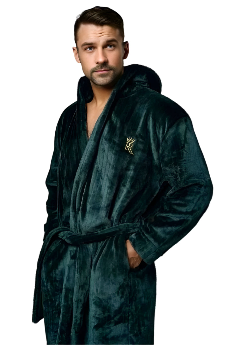 Green Hooded Royalty Robe - Royalty Robes - Male model wearing a long, dark green, soft bathrobe with hood. 