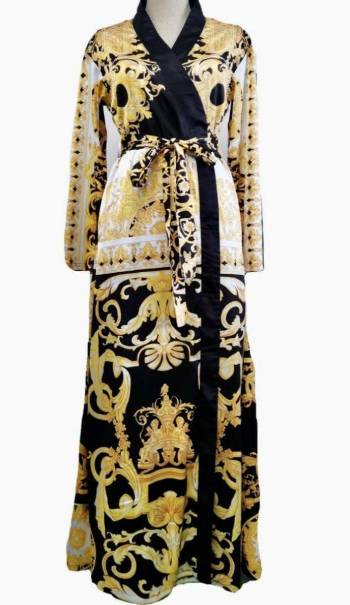 A yellow, black and white long and flowing duster style wrap dress robe housecoat with barocco print - luxury robe