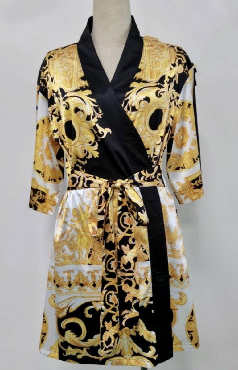 Front side of a black, yellow and white short kimono style Barocco print luxury robe