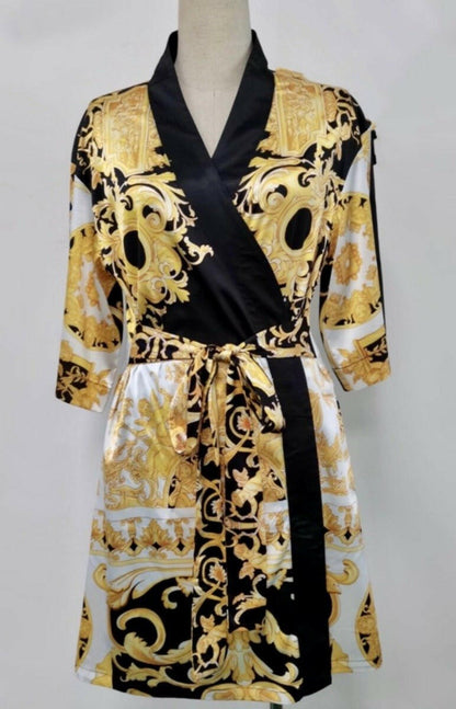 Front side of a black, yellow and white short kimono style Barocco print luxury robe