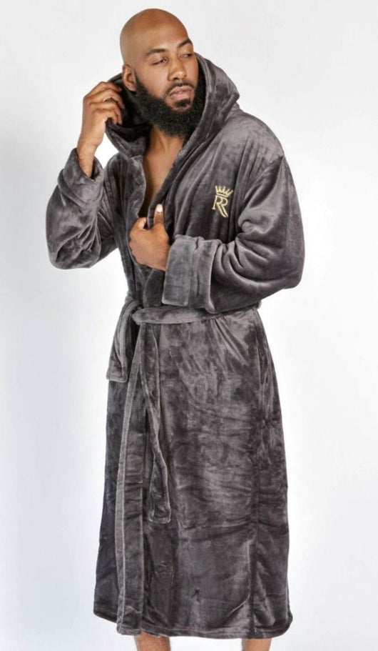 hooded grey soft plush warm comfortable mens spa robe bathrobe