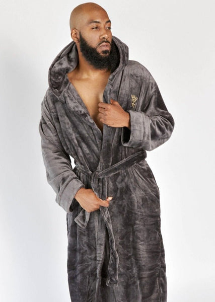 hooded grey soft plush warm comfortable mens spa robe bathrobe