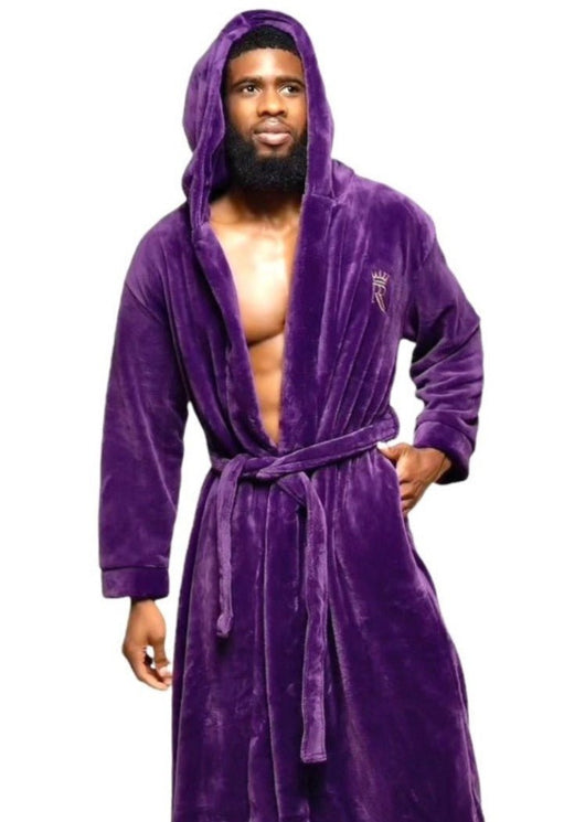 Mens Purple Hooded fleece bathrobe robe soft warm plush housecoat
