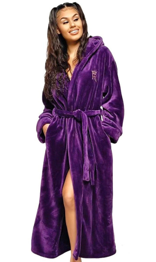 Purple Hooded Womens Royalty Robe soft fleece long plush bathrobe – Royalty  Robes